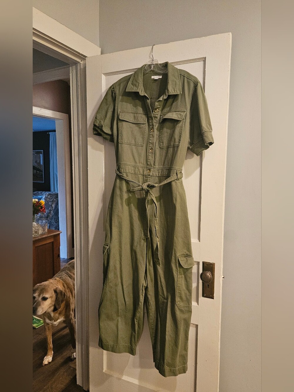 Free Assembly Utility Tie-Waist Twill Jumpsuit - Olive Green, Size XL